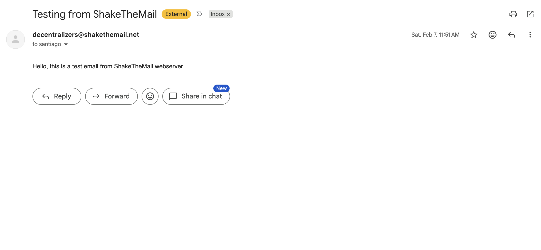 Test email received in Gmail from decentralizers@shakethemail.net